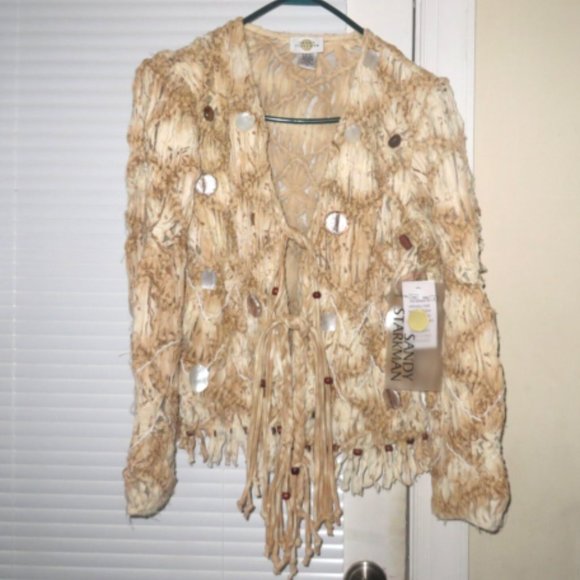 ❤️NEW w/Tags SANDY STARKMAN BOHO Shells Mesh Knotted Knit Cardigan Jacket SZ S